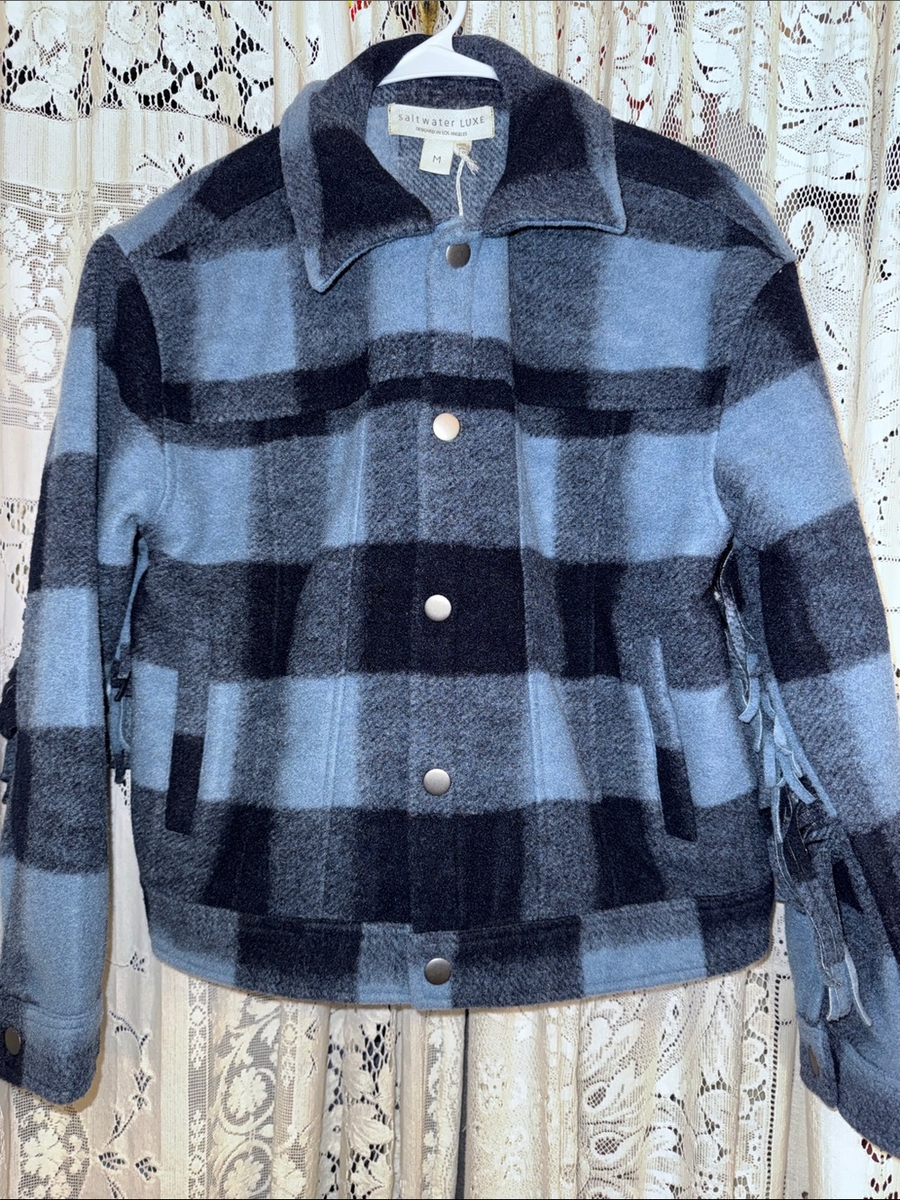 saltwater LUXE Blue and Black Plaid Pea Coat nwt
